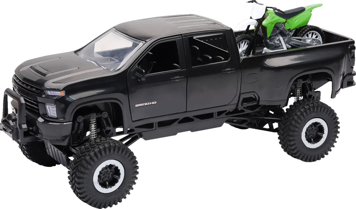 New Ray Toys Ss-37596 Chevrolet 3500Hd Offroad Pickup With Dirt Bike 1:32 Scale Black/Green 1