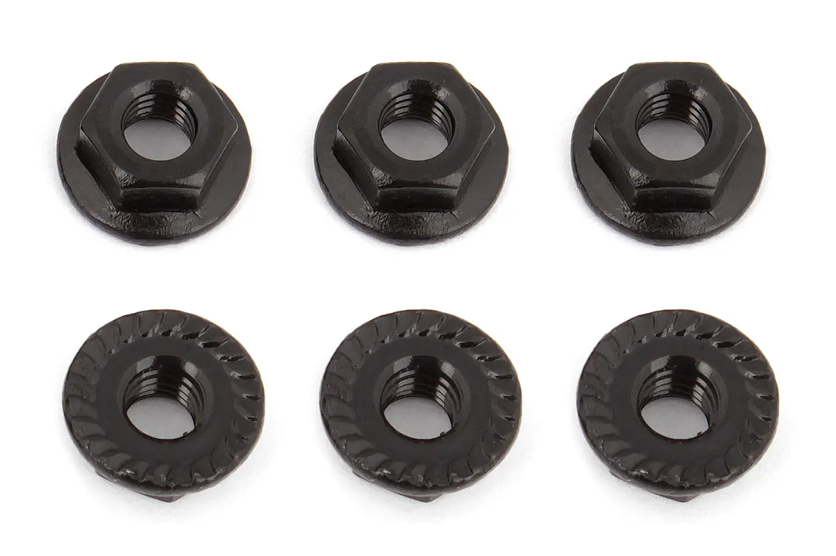Associated Wheel Nuts, M4, Serrated, Flanged, Black Steel 1