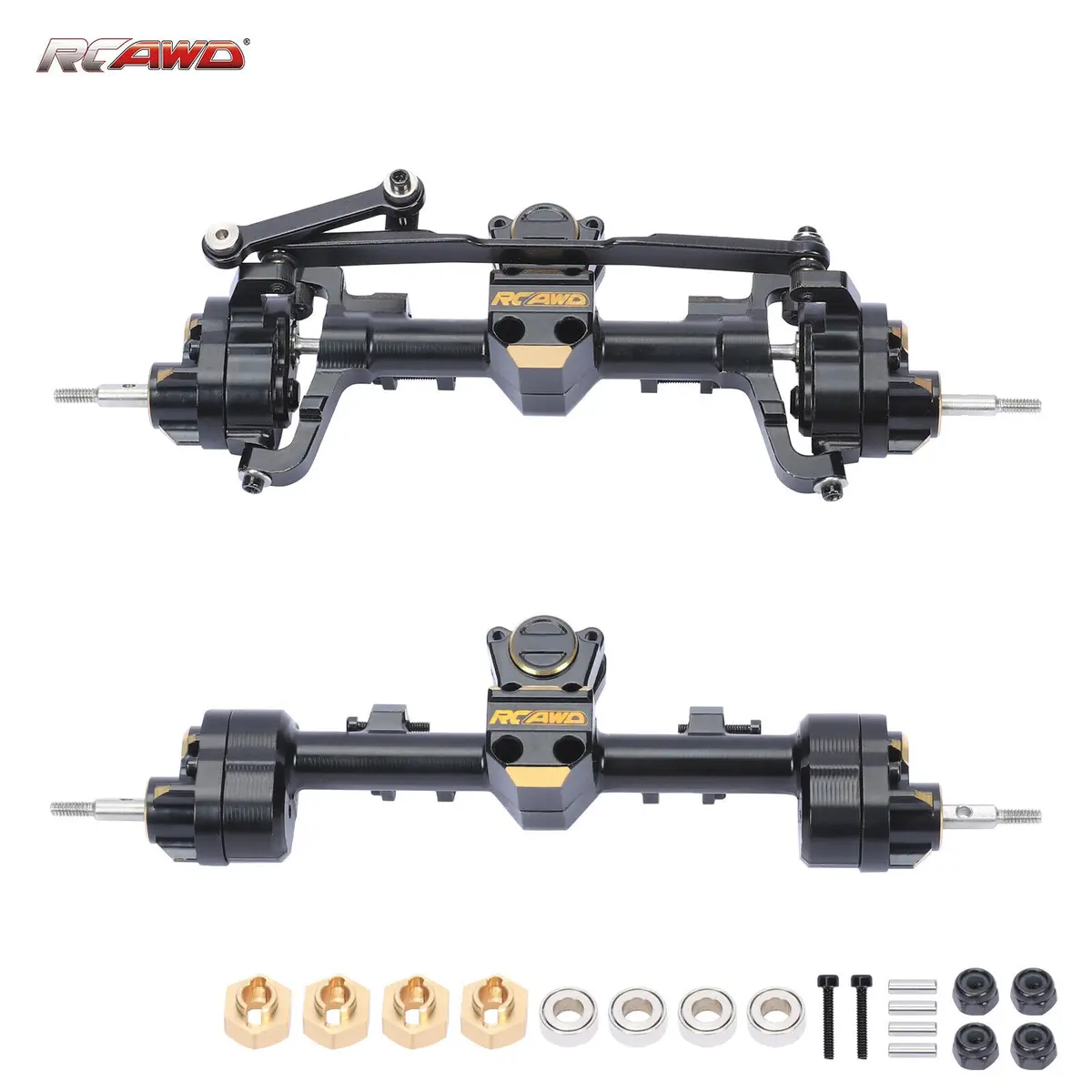 Scx24 F&R Brass Portal Axles W/ Brass Steering Link & Wheel Weights - Trc-145 1