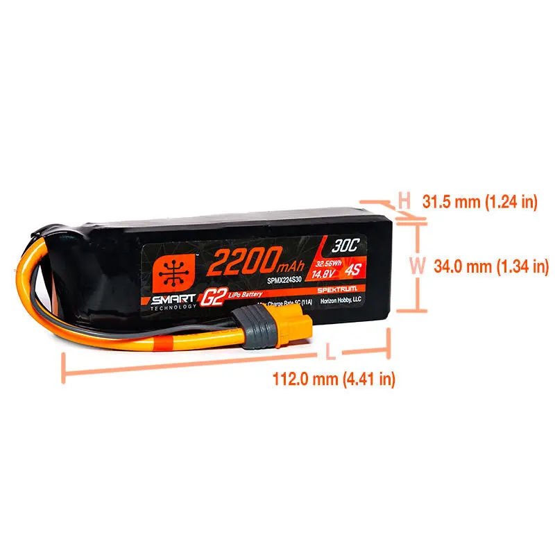 14.8V 2200Mah 4S 30C Smart G2 Lipo Battery Ic3 - Spmx224s30 2