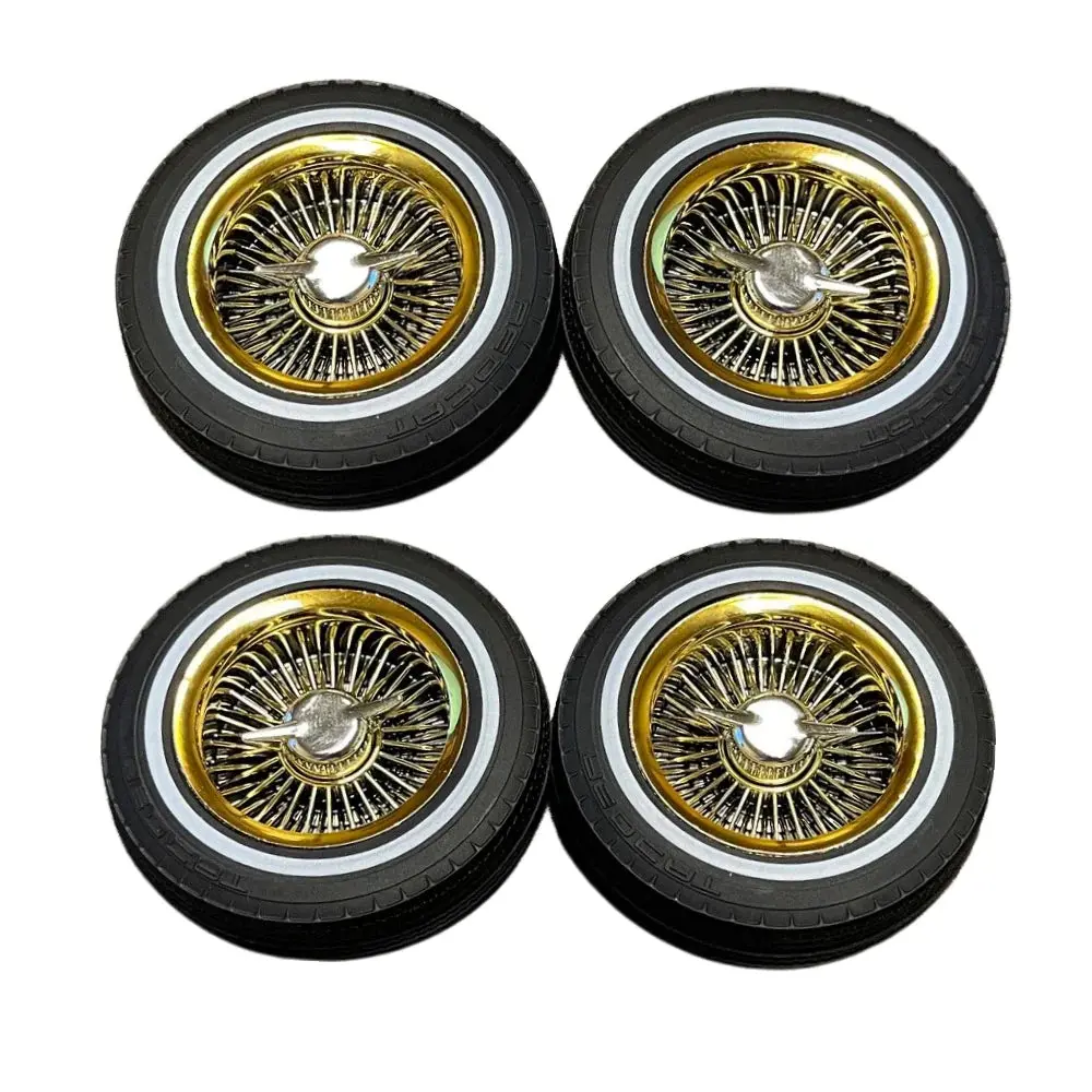 Whitewall Low Pro Tires And Wheels W/ Knock Offs & Wheel Nuts (Gold)(Not Glued) (1Set) - Rer14434 1