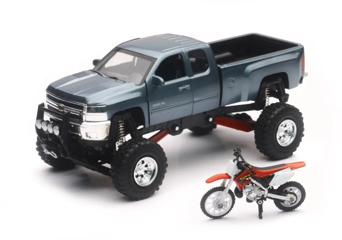 New-Ray New-Ray Replica 1:43 Truck And Race Bike Set - Chevy Grey And Honda Red - Part Number Ss-54426 Ss-54426 1