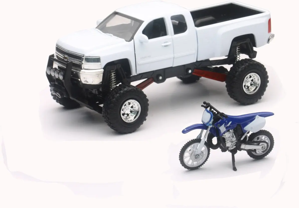 New-Ray New-Ray - Replica 1:43 Truck And Yamaha Race Bike Set - Chevy White / Yamaha Blue - Fits Multiple Models Ss-54416 1
