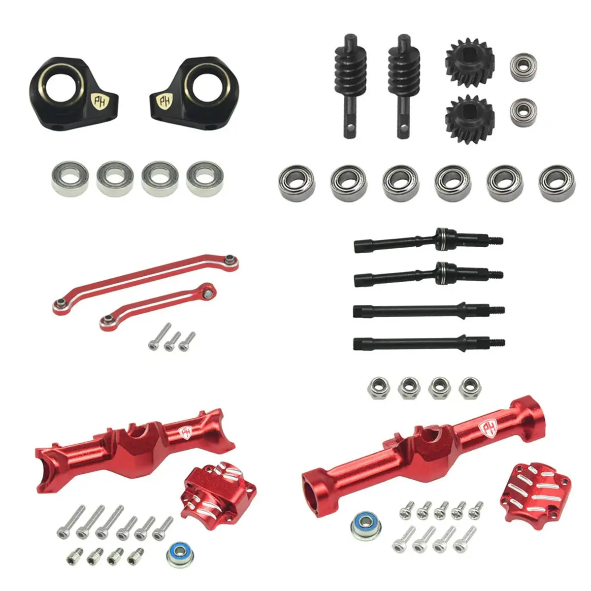 Powerhobby Aluminum Front + Rear Complete Axles W/Brass Upgrades, Red, For Axial Scx30 1