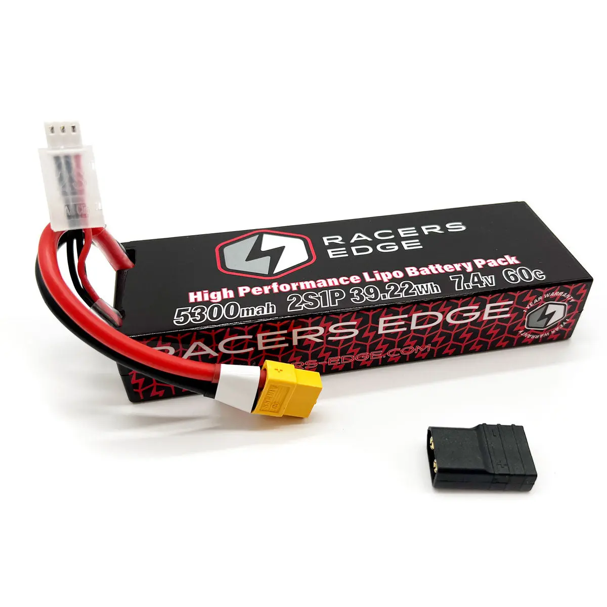 Racers Edge 5300Mah 2S 7.4V 60C Hard Case Lipo Battery, Xt60 Plug With Trx Adapter 1