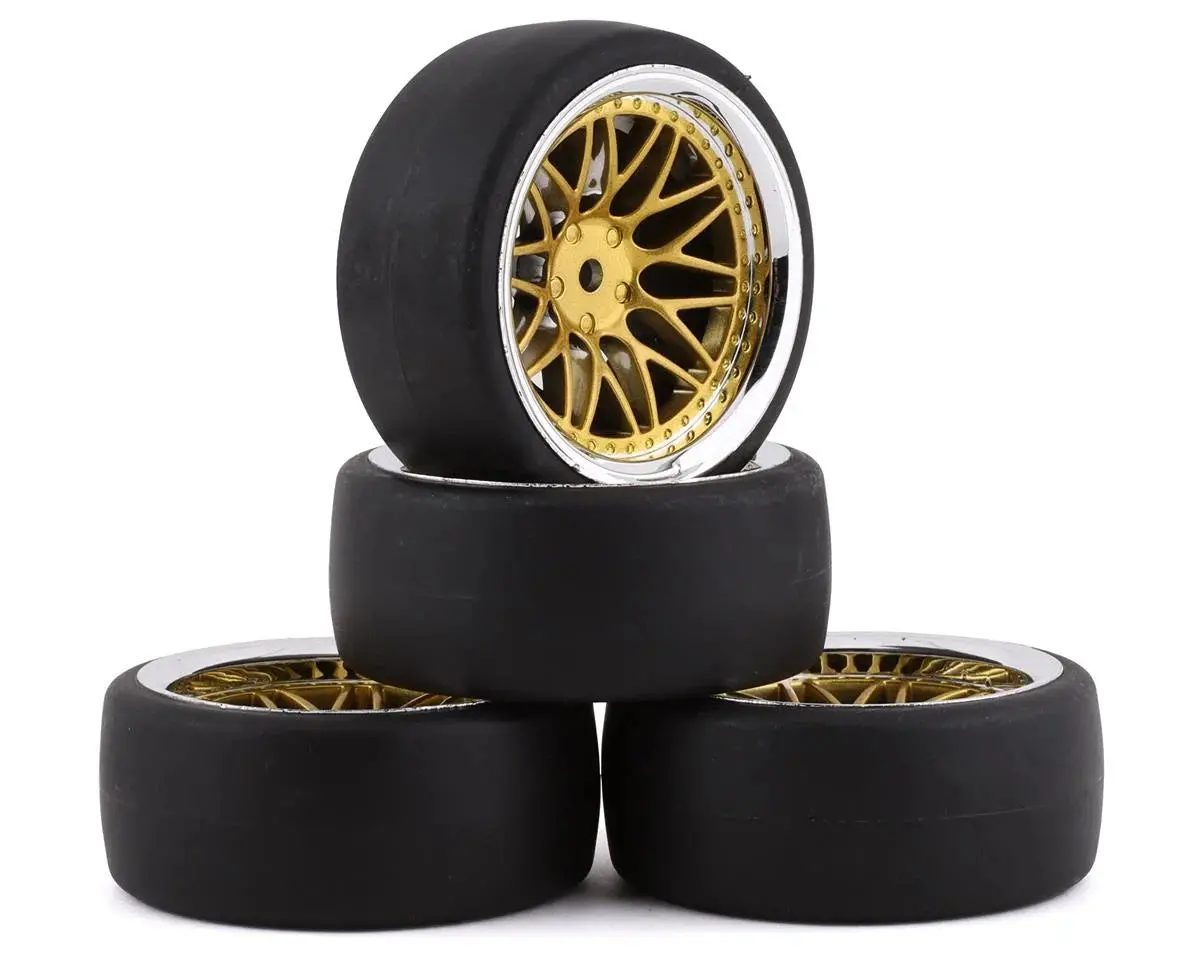 Yeah Racing Spec D Pre-Mounted Drift Tires W/Ls Mesh Wheels (Chrome/Gold) (4) W/12Mm Hex & 6Mm Offset - Yea-Wl-0099 1