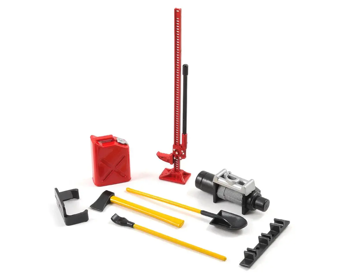 Yeah Racing 6-Piece Scale Tool Set (Red) W/Axe, Shovel, Oil Tank, Jack, Winch - Yea-Ya-0356Rd 1
